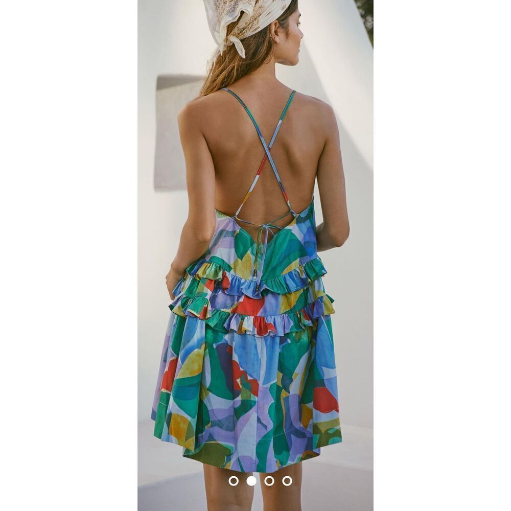 Anthropologie Sleeveless Ruffled Seaside Dress Small Colorful Artsy Splatter - Picture 2 of 8